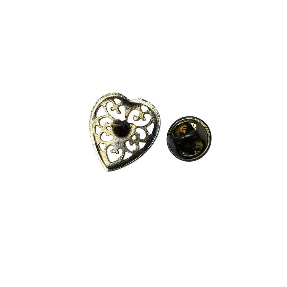 Vintage Gold Tone Filigree Heart Brooch Red Center Stone Openwork Pin Jewelry